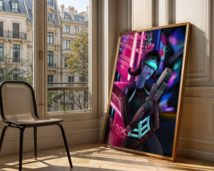 Futuristic Cyborg Woman in Digital Neon Landscape - Mi tienda