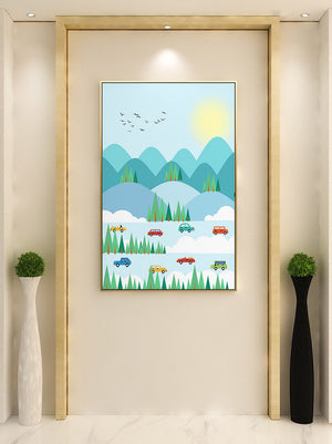 Colorful Landscape with Cars on Mountainous Road and Sunlit Sky - Mi tienda
