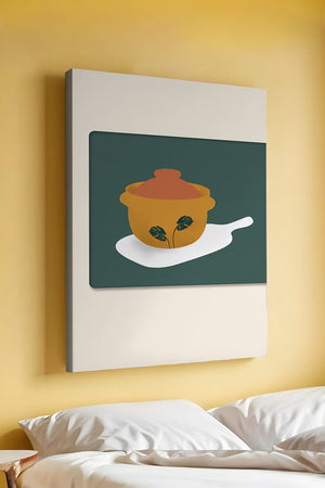 Orange Pot with Green Leaf Design on Cutting Board - Mi tienda