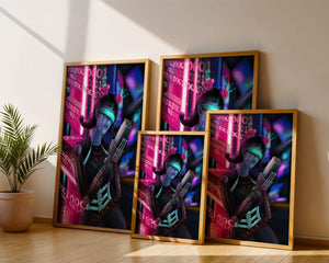 Futuristic Cyborg Woman in Digital Neon Landscape - Mi tienda