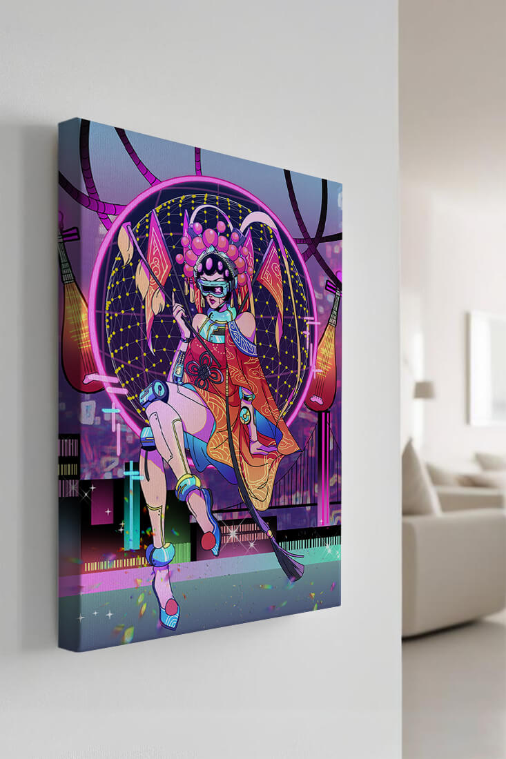 Futuristic character in traditional Asian attire with neon city backdrop