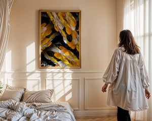 Abstract Composition with Yellow and White Feathers on a Black Background - Mi tienda