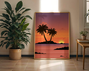 Sunset Over Tropical Island with Palm Trees and Birds - Mi tienda