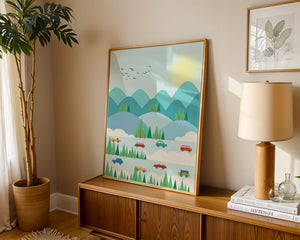 Colorful Landscape with Cars on Mountainous Road and Sunlit Sky - Mi tienda