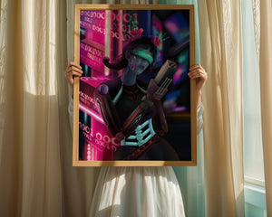 Futuristic Cyborg Woman in Digital Neon Landscape - Mi tienda