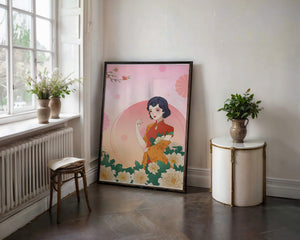 Elegant Woman in Traditional Asian Dress with Floral Background - Mi tienda