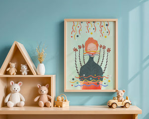 Whimsical Abstract Art of a Woman with Flowers and Streamers - Mi tienda