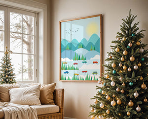 Colorful Landscape with Cars on Mountainous Road and Sunlit Sky - Mi tienda