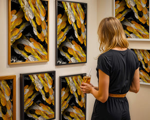 Abstract Composition with Yellow and White Feathers on a Black Background - Mi tienda