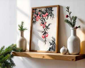 Watercolor Floral Illustration with Red Berries on Branch - Mi tienda