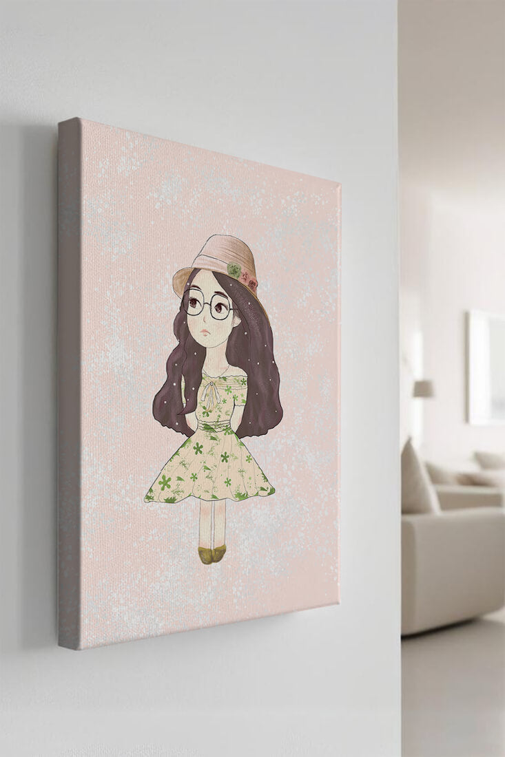 Charming illustration of a girl in a floral dress and hat