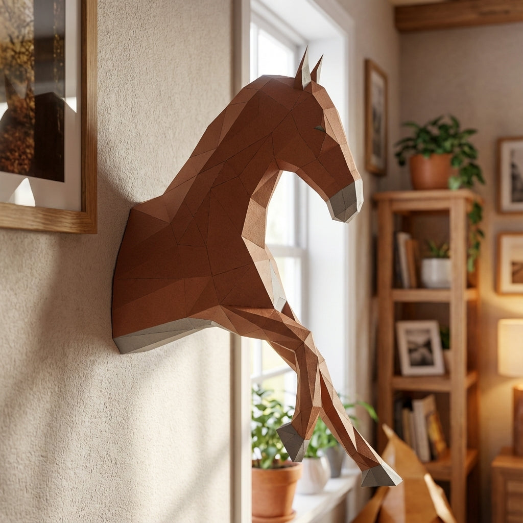 Cabeza de caballo para colgar en la pared papercraft 3D, escultura de papel poligonal DIY, 51x16x35 cm, 59 piezas – Decoración de pared geométrica, kit de montaje, trofeo de caballo decorativo para dormitorio juvenil