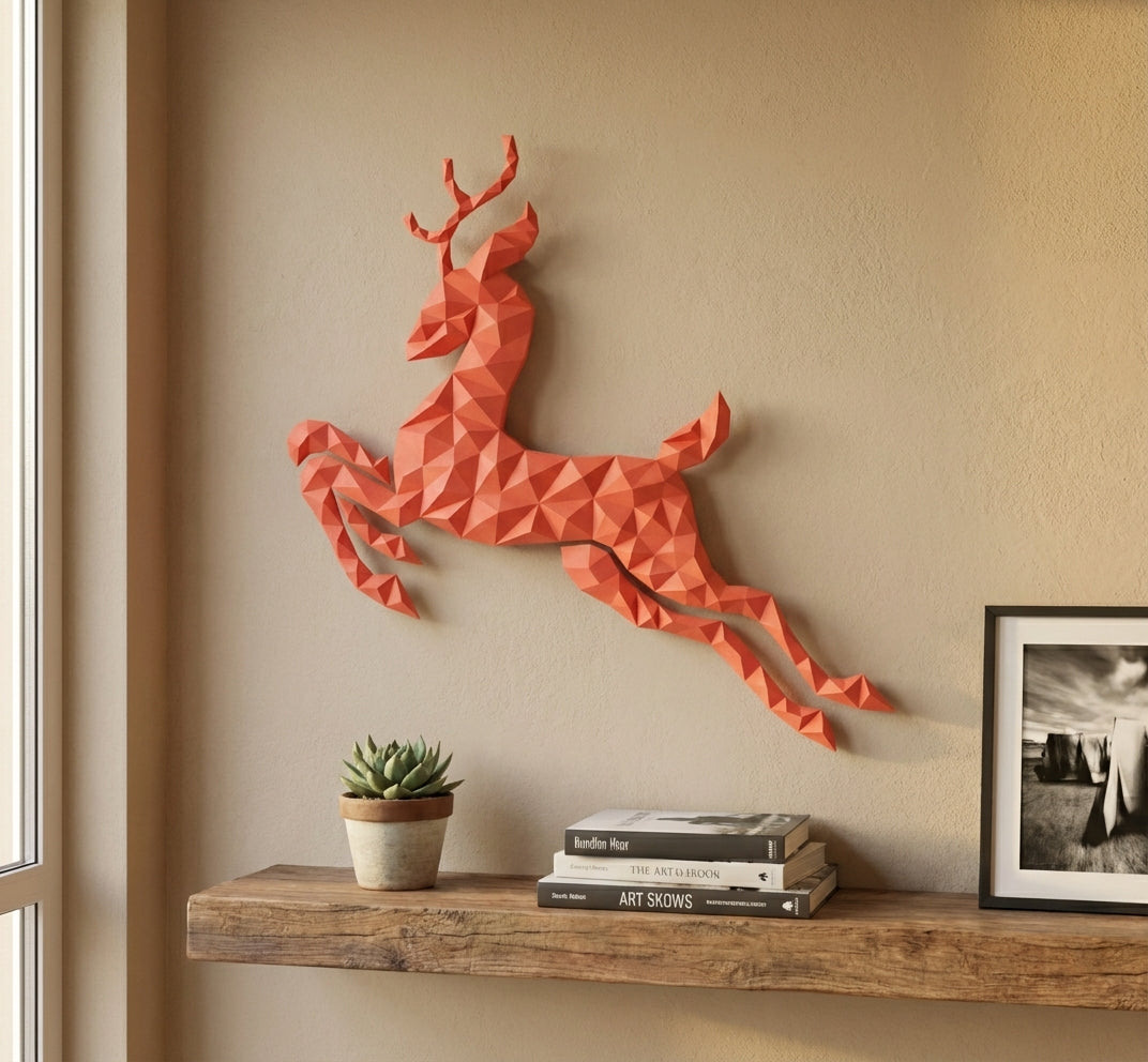 Modern flat deer wall papercraft, 56x57x2 cm geometric 3D polygonal silhouette, DIY creative kit for striking living room or hallway wall art, bold red home decor - Mi tienda