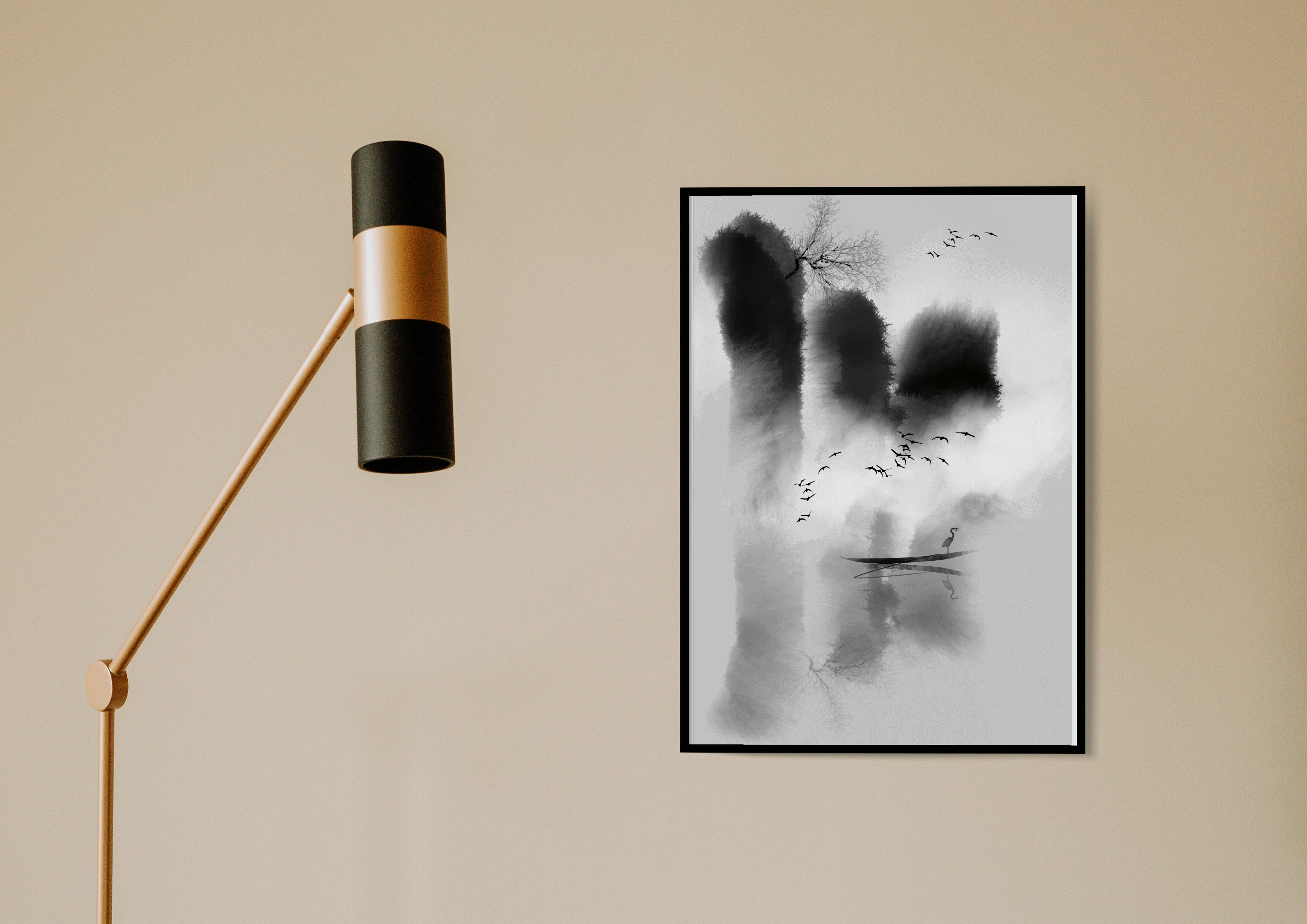 Paisaje brumoso sereno con aves y una garza solitaria