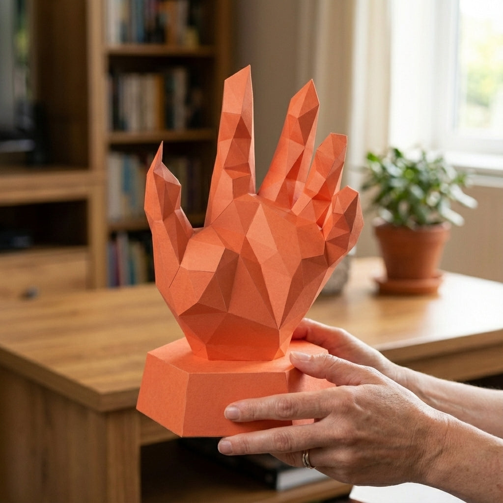 Papercraft hand on stand 3D polygonal paper figure for assembly 40x26x20, 59 parts – DIY craft jewelry holder, sculptural cardboard hand for modern decor - Mi tienda