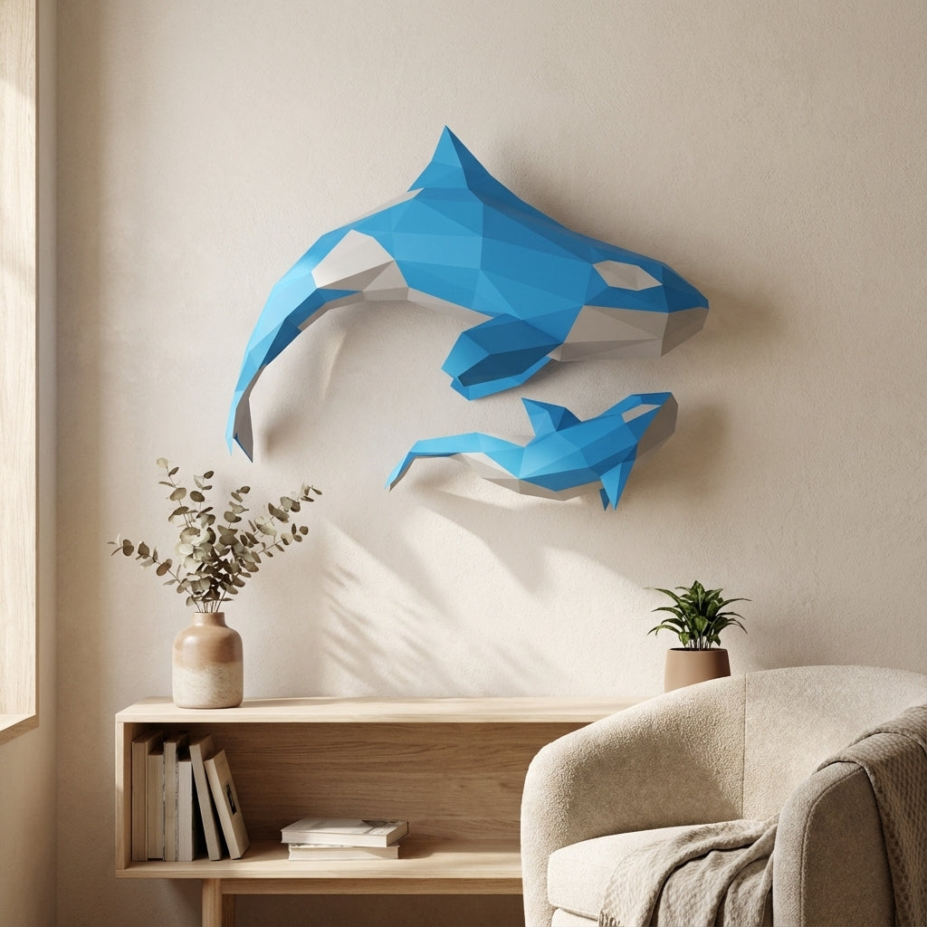 Figura de orcas de papel poligonal 3D para ensamblar 60 x 50 x 20 – kit de manualidades de papercraft decorativo, escultura geométrica moderna para pared sobre la cama