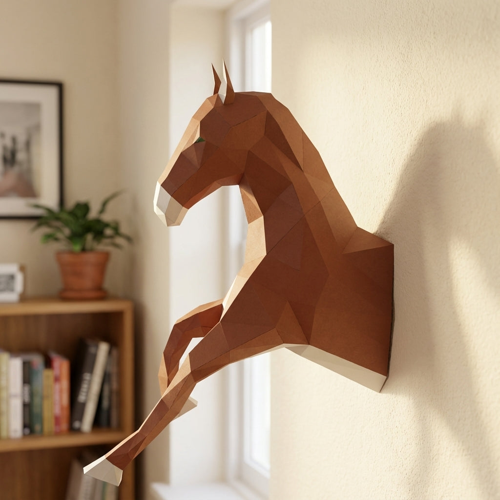 Cabeza de caballo para colgar en la pared papercraft 3D, escultura de papel poligonal DIY, 51x16x35 cm, 59 piezas – Decoración de pared geométrica, kit de montaje, trofeo de caballo decorativo para dormitorio juvenil