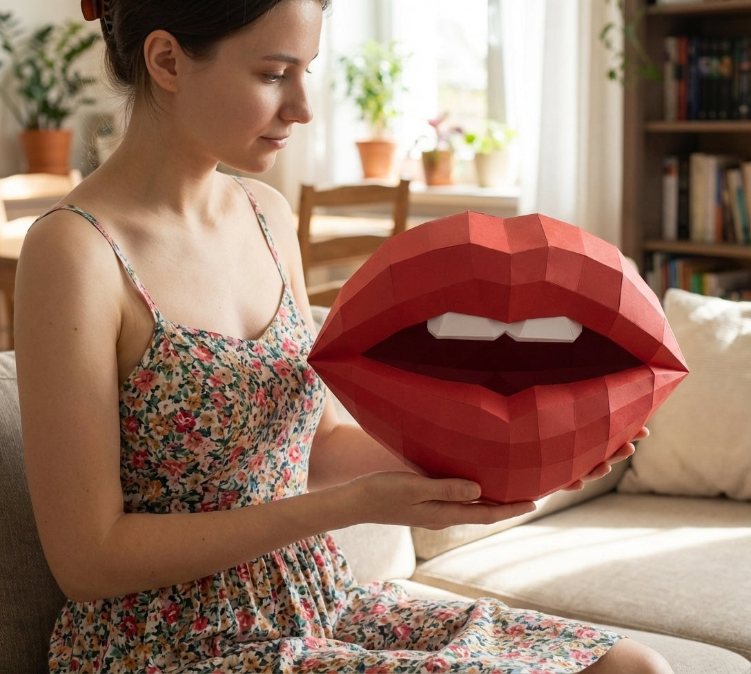 Labios 3D con dientes papercraft, figura de papel poligonal para montar, 35x26x20 cm, 49 piezas – Escultura geométrica DIY, arte de pared único para espacio de trabajo creativo