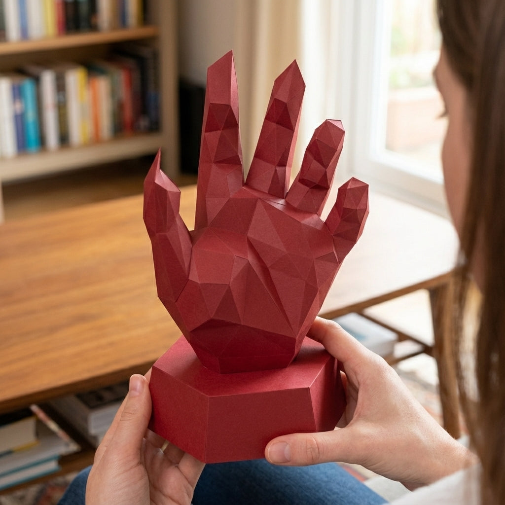 Papercraft hand on stand 3D polygonal paper figure for assembly 40x26x20, 59 parts – DIY craft jewelry holder, sculptural cardboard hand for modern decor - Mi tienda