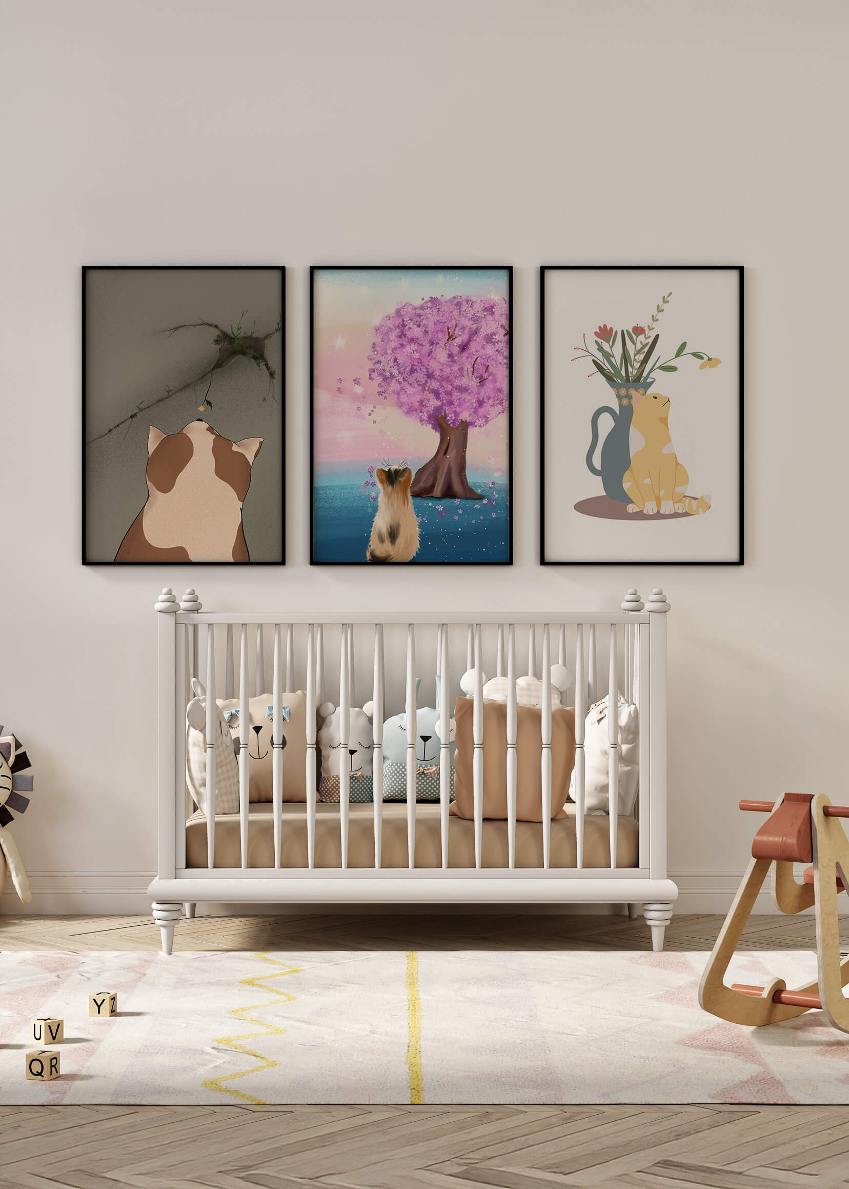 Conjunto De Impresiones De Gatos Y Naturaleza