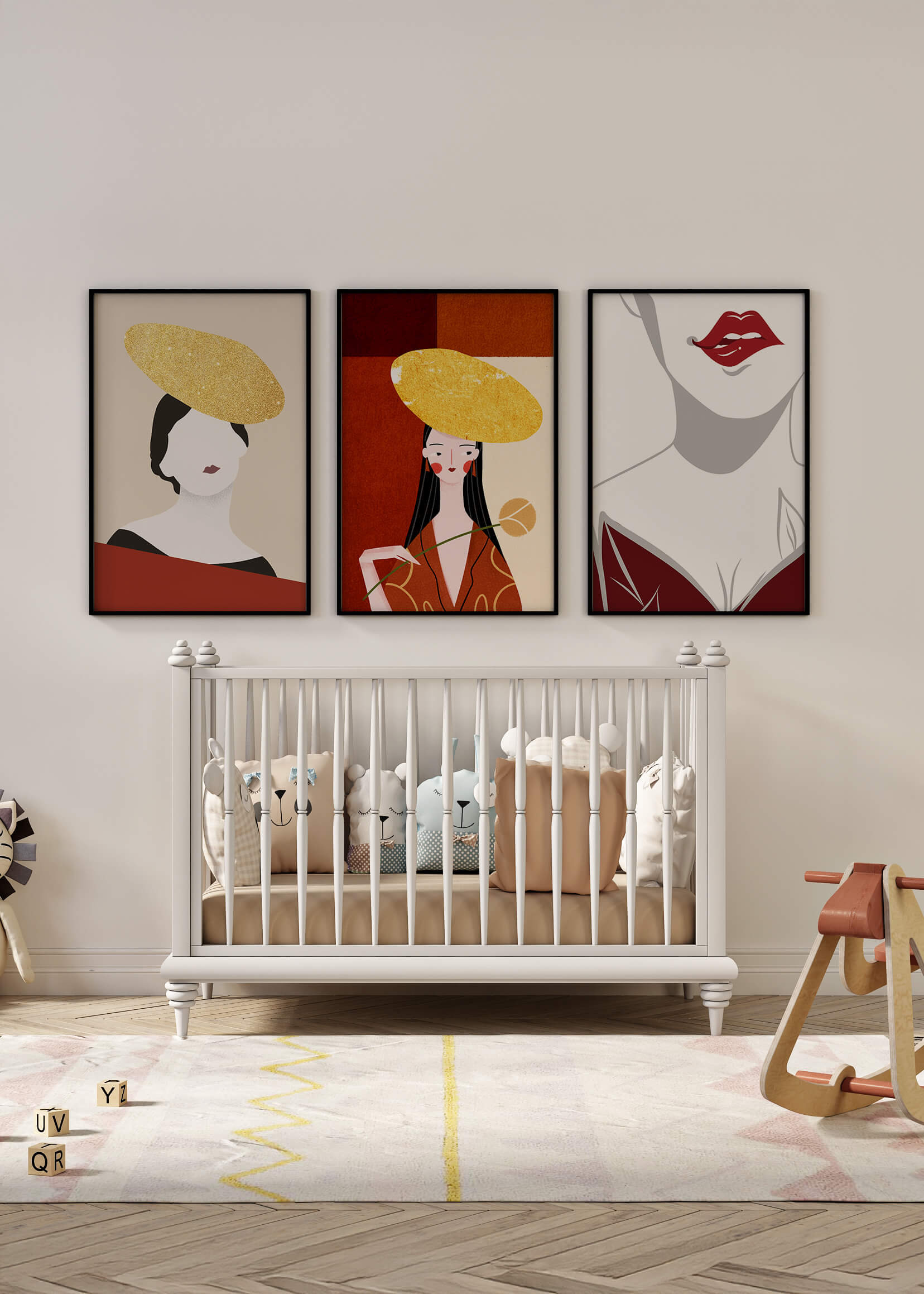 Triptyque moderne avec touches dorées et minimalisme