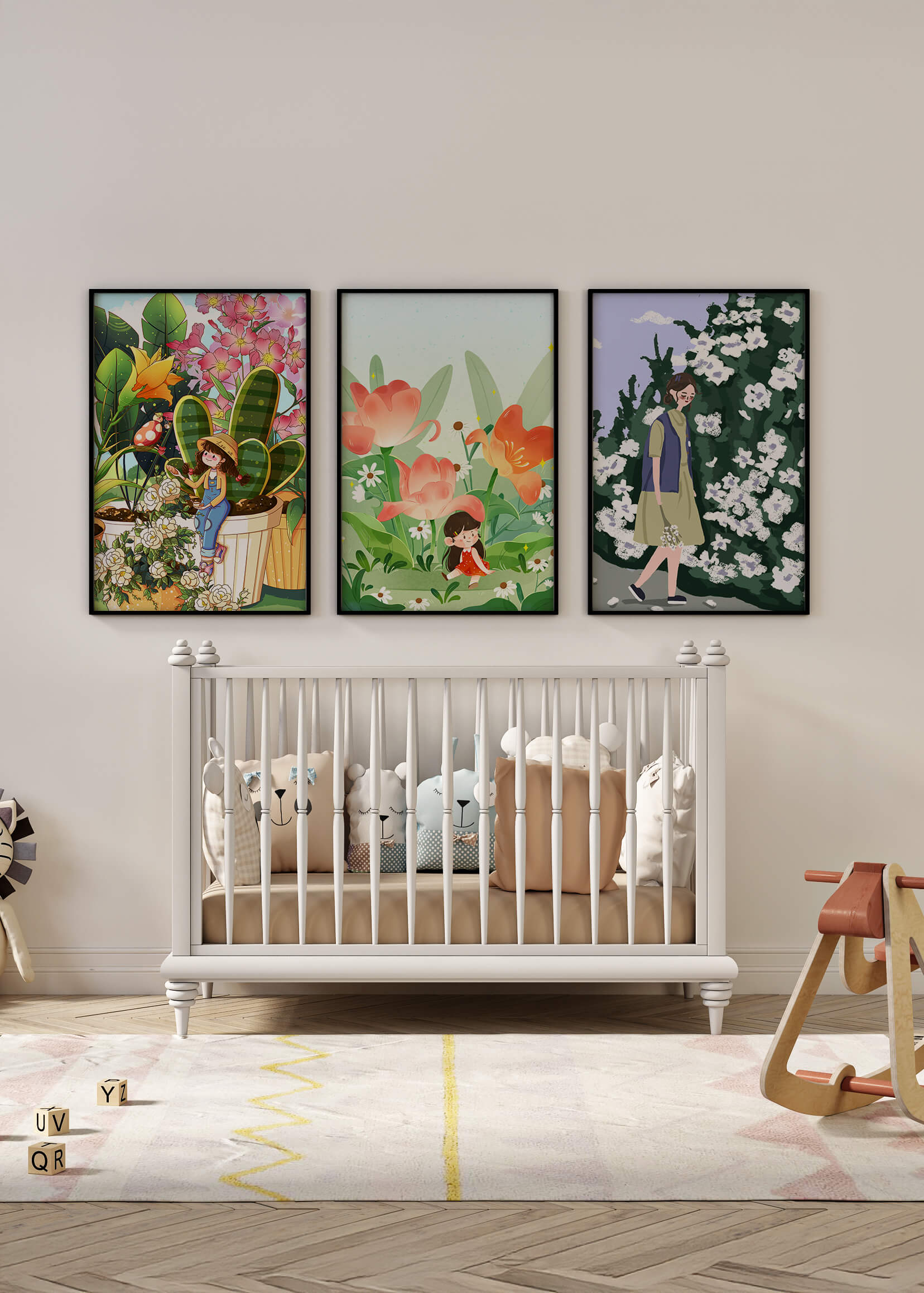 Tríptico de Ilustraciones Florales y Personajes