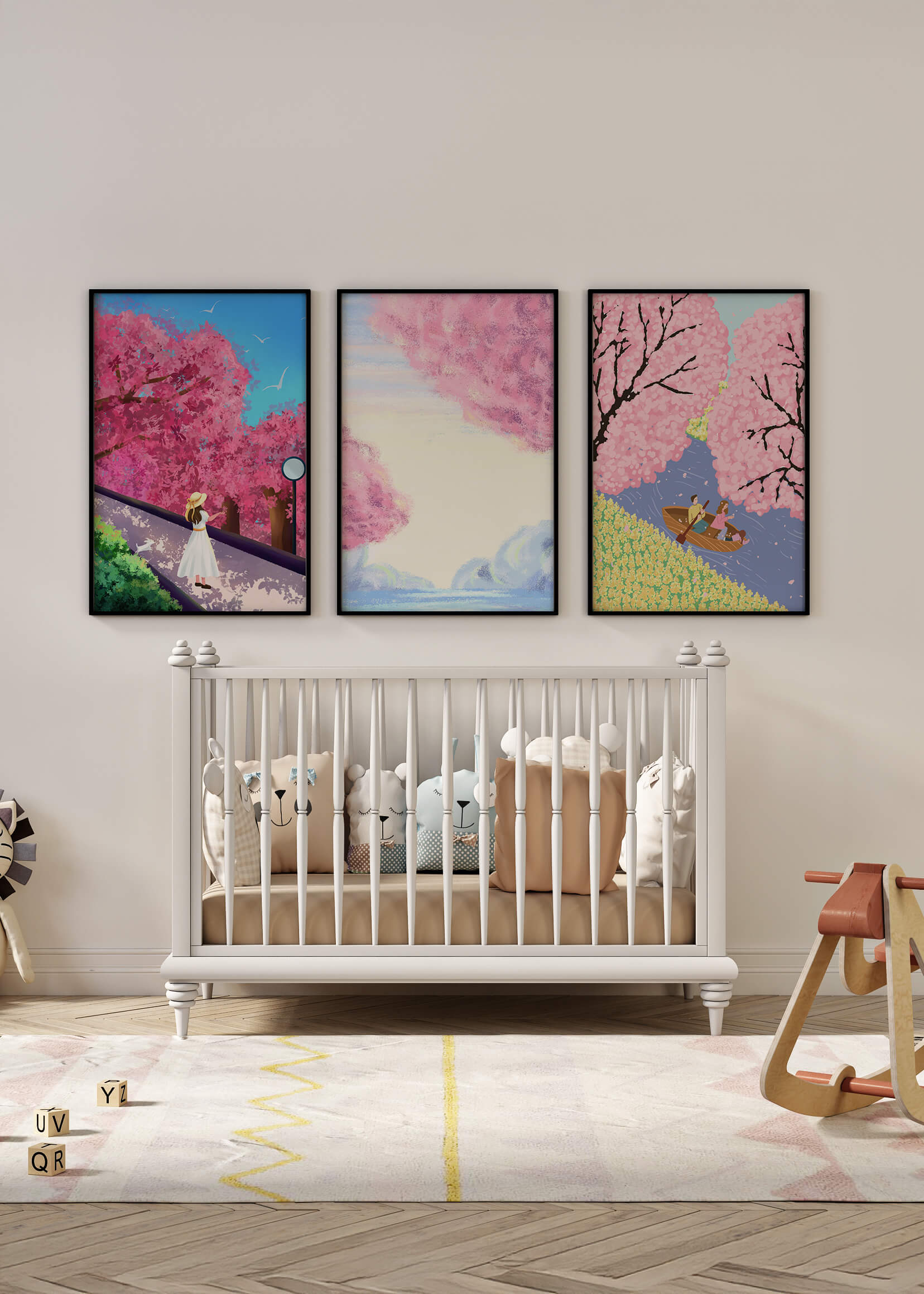 Conjunto De Tres Obras De Arte Con Árboles De Cerezo