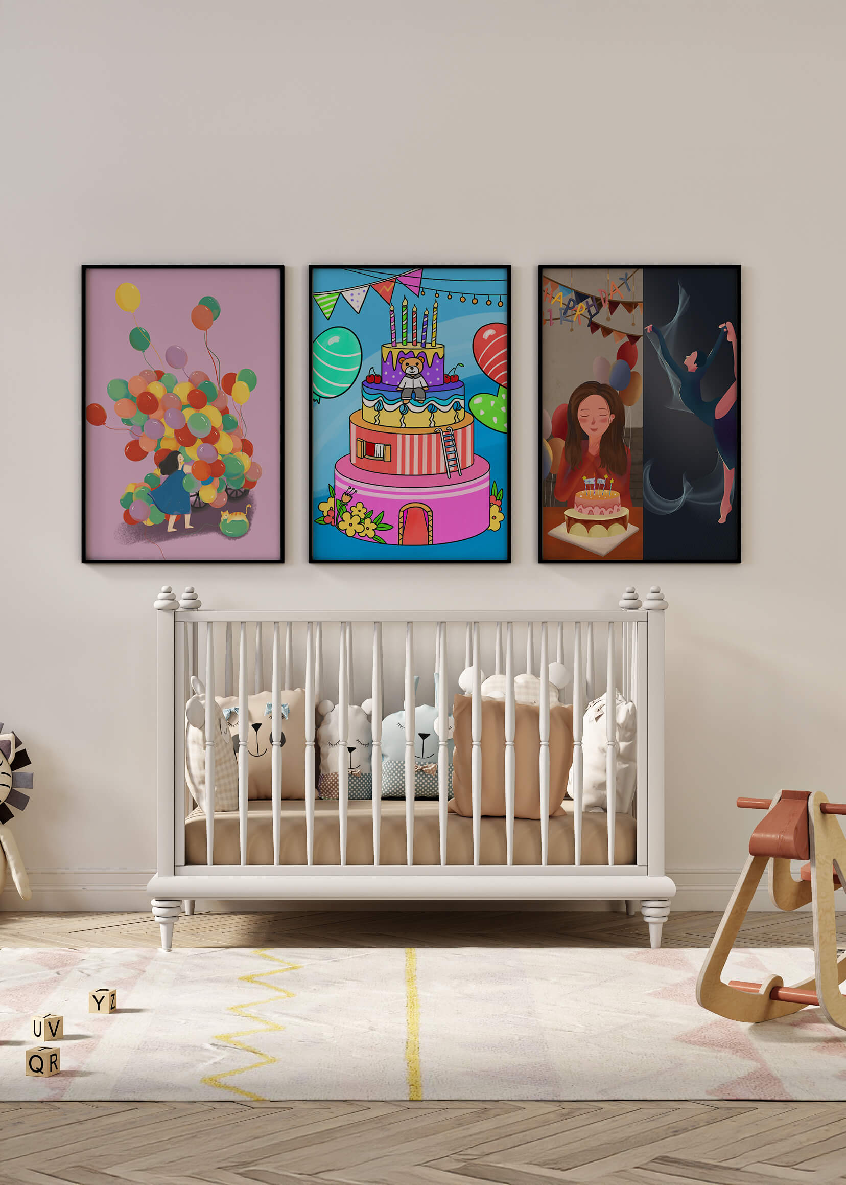 Images de célébration d'anniversaire avec gâteaux et ballons sans cadre