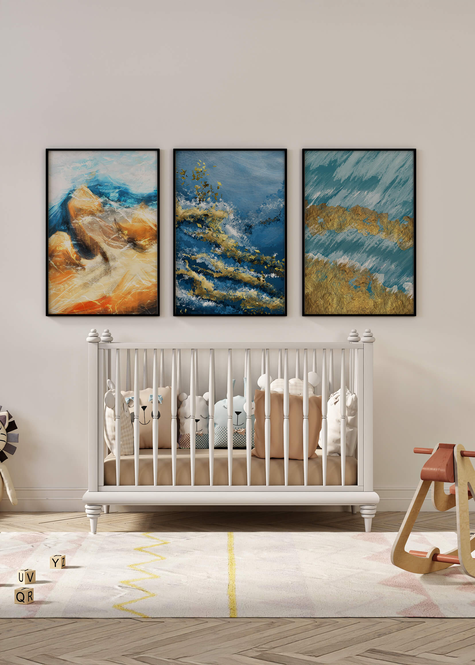 Conjunto de Cuadros Abstractos con Texturas Doradas en Estilo Moderno