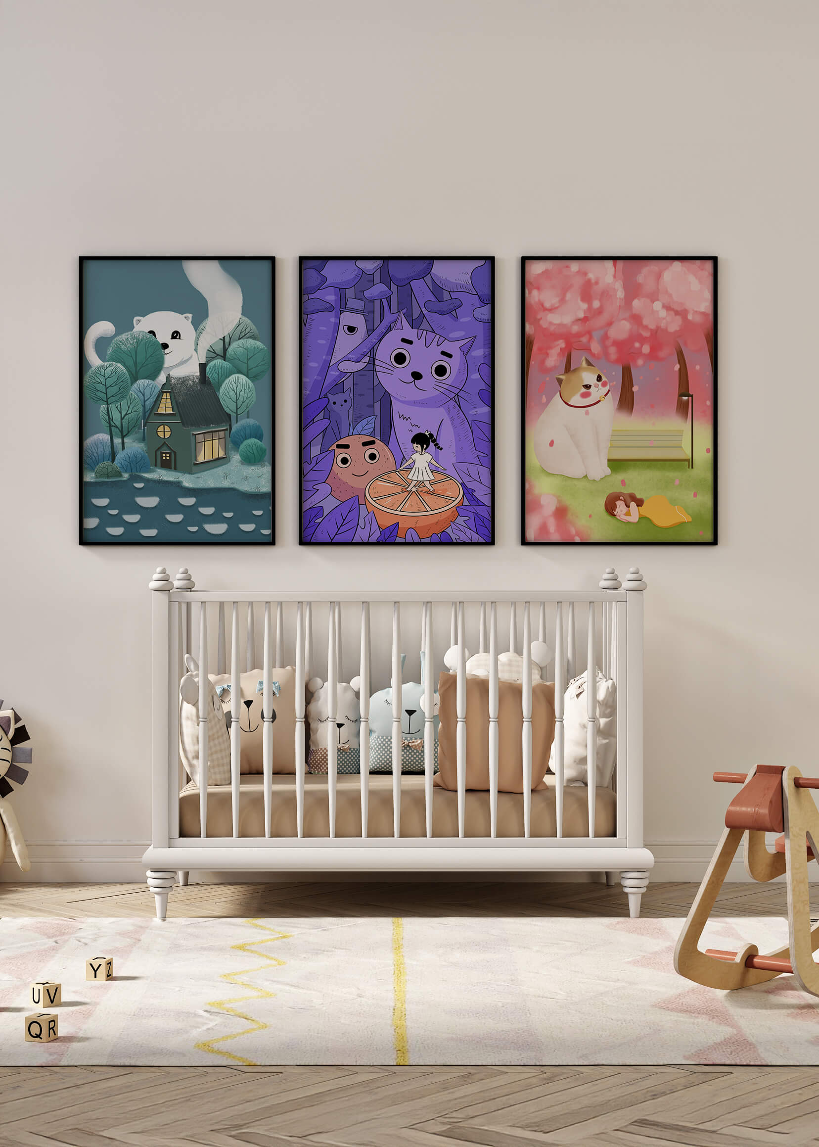 Tríptico de ilustraciones de gatos en paisajes mágicos