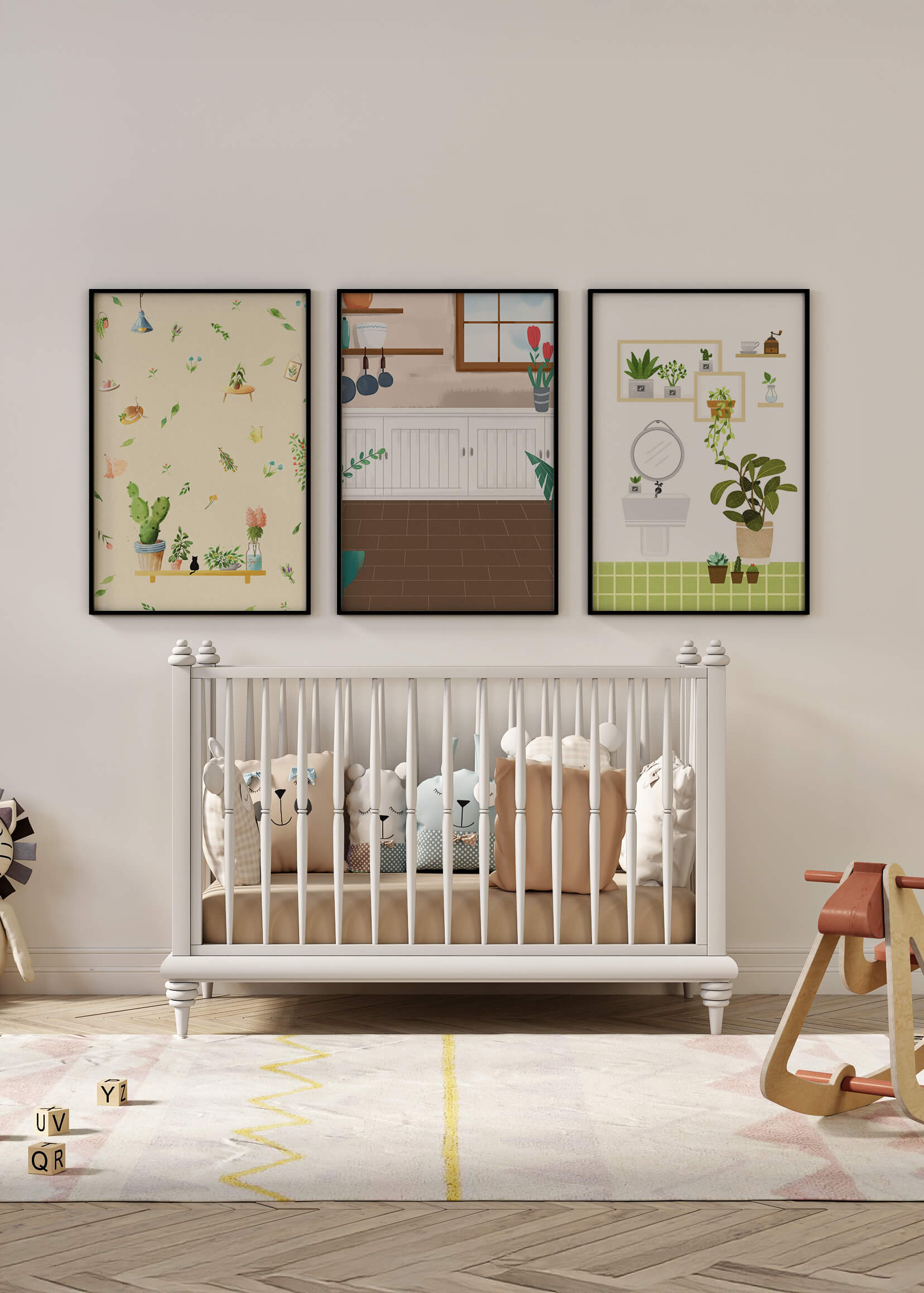 Arte de pared con temática de plantas y cocina moderna