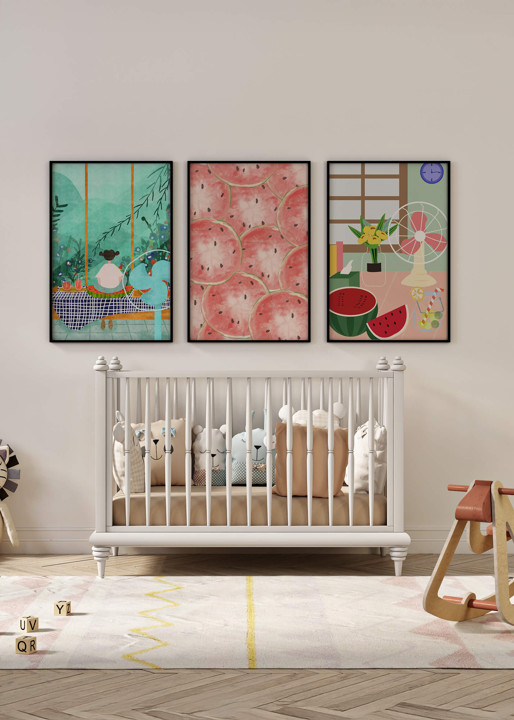 Conjunto de impresiones artísticas coloridas en ambiente moderno