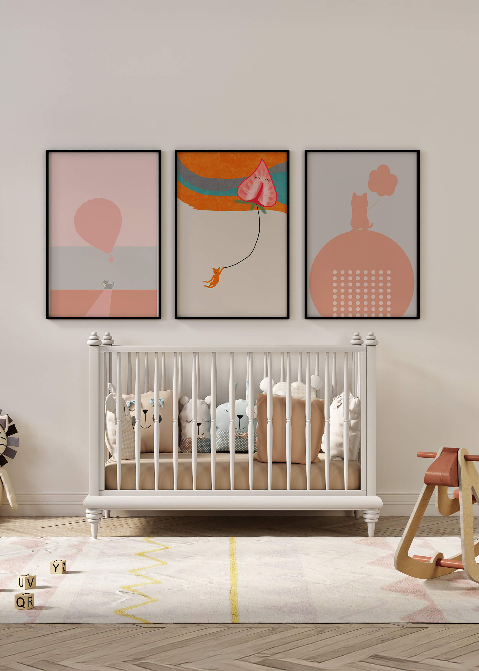 Triptyque d’art minimaliste avec des chats et des ballons