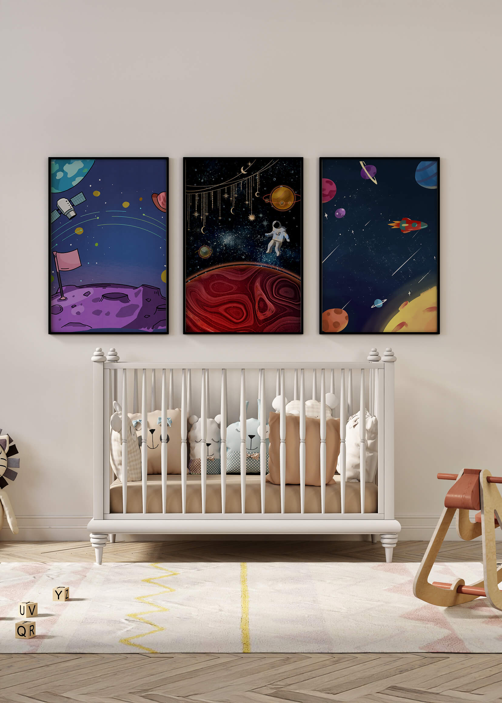 Conjunto de Obras Espaciales Modernas con Detalles Dorados