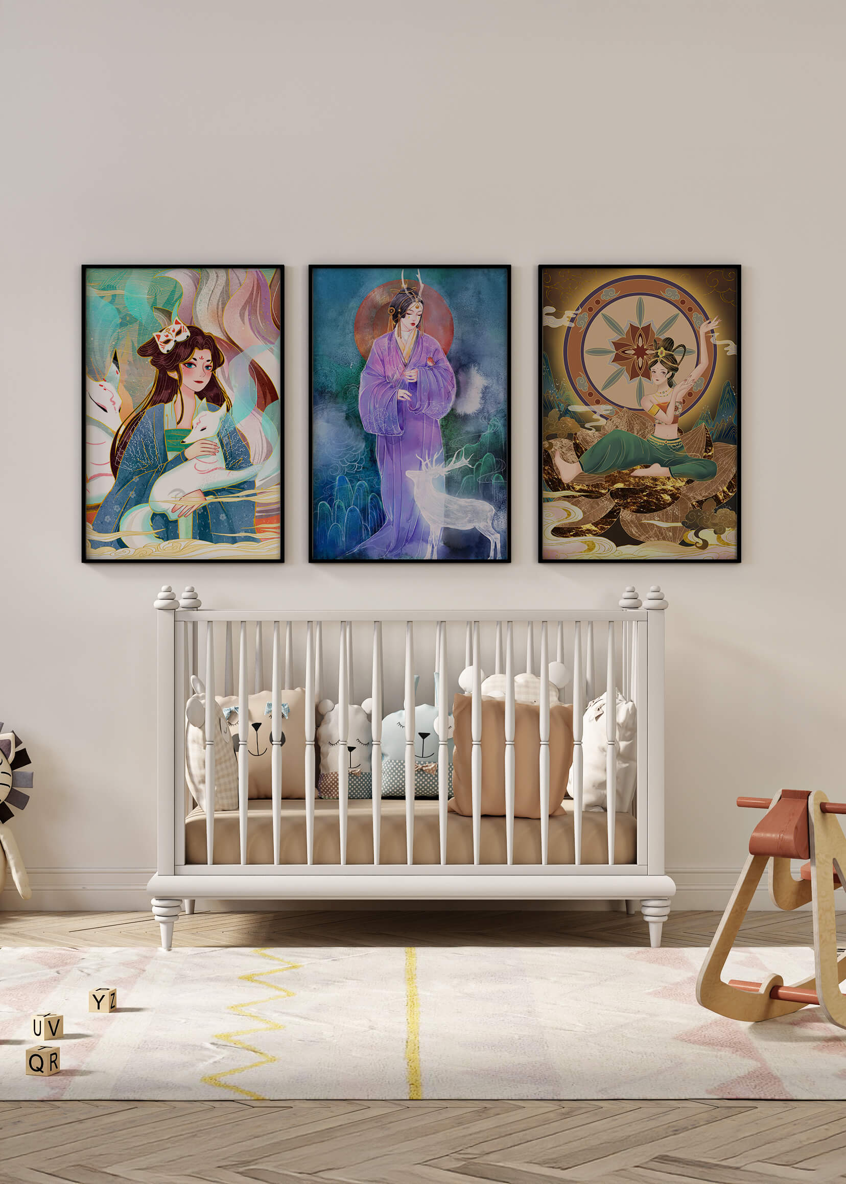 Art oriental avec figures mystiques en exposition sans cadre