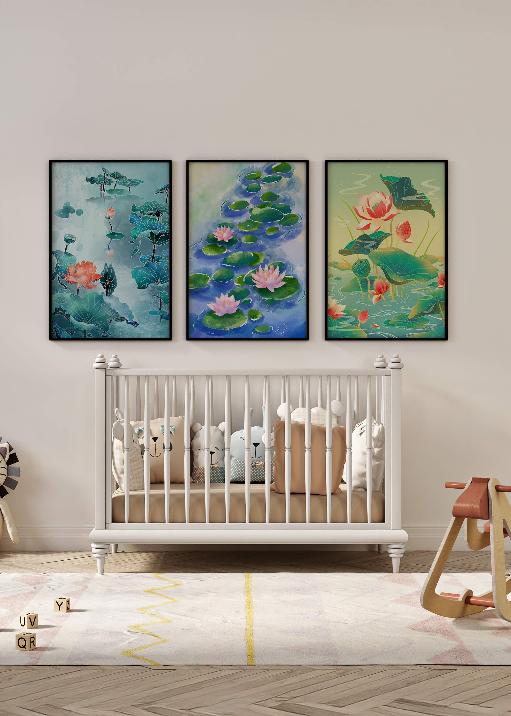 Tríptico de acuarelas de flores de loto en diseño moderno