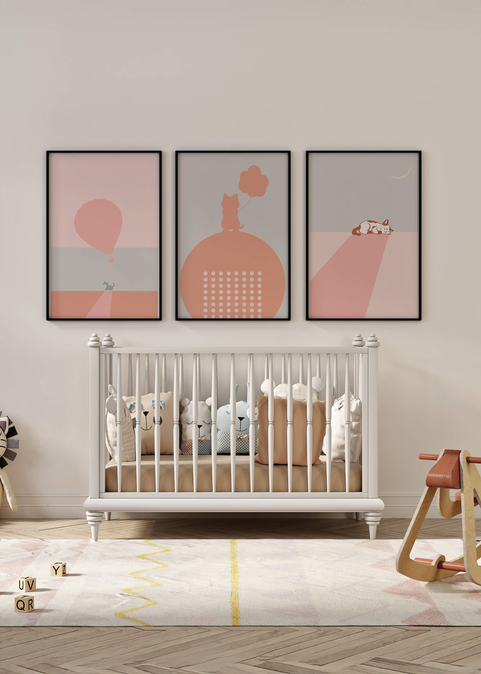 Triptyque minimaliste avec chats et ballon en ton rose