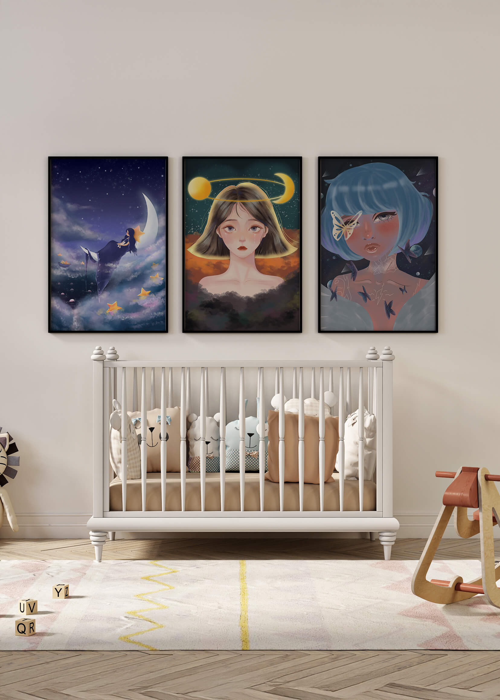 Tríptico De Retratos Ilustrados Con Elementos Astrales