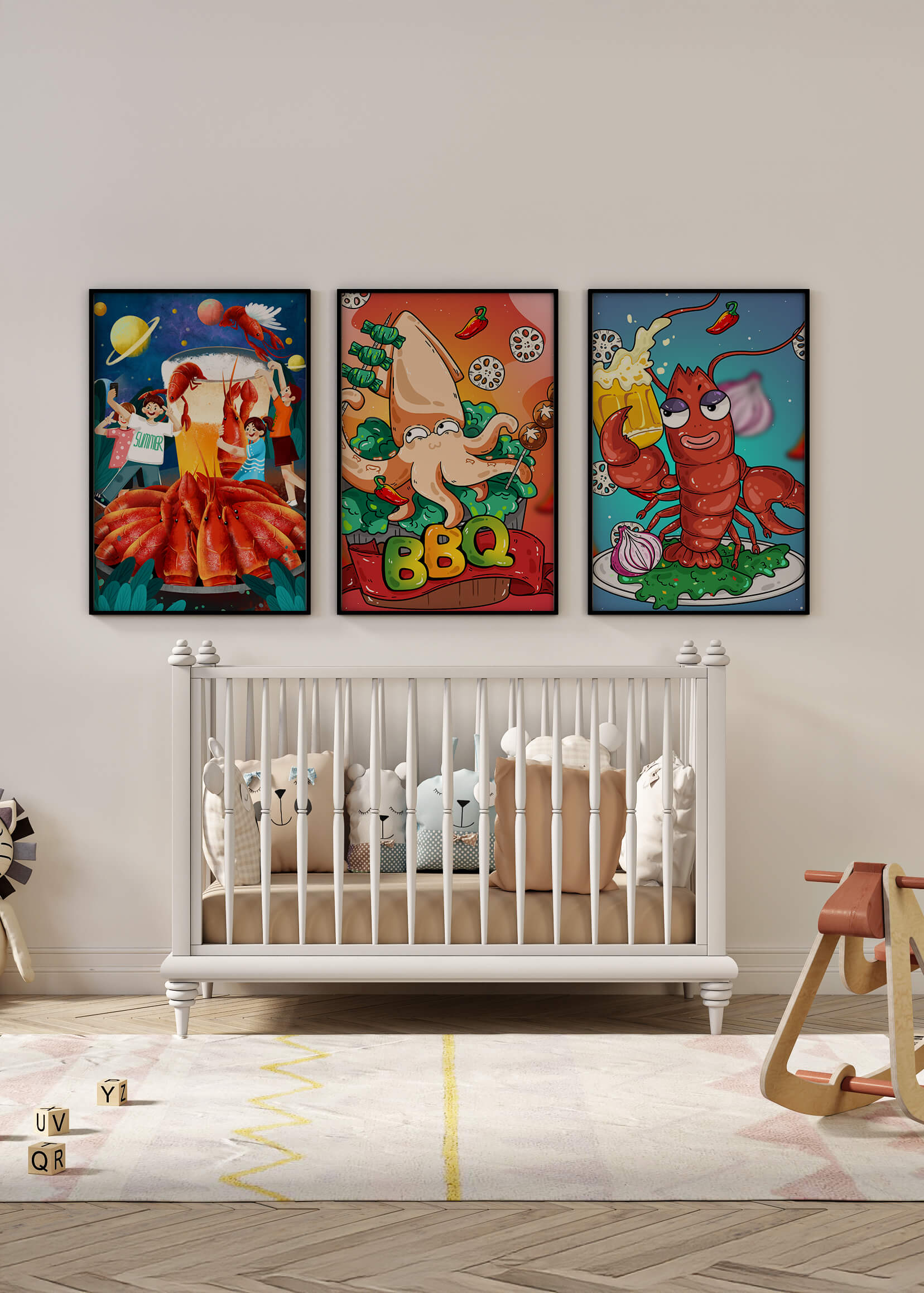 Ilustraciones Divertidas de Mariscos con Temática Espacial y de Barbacoa