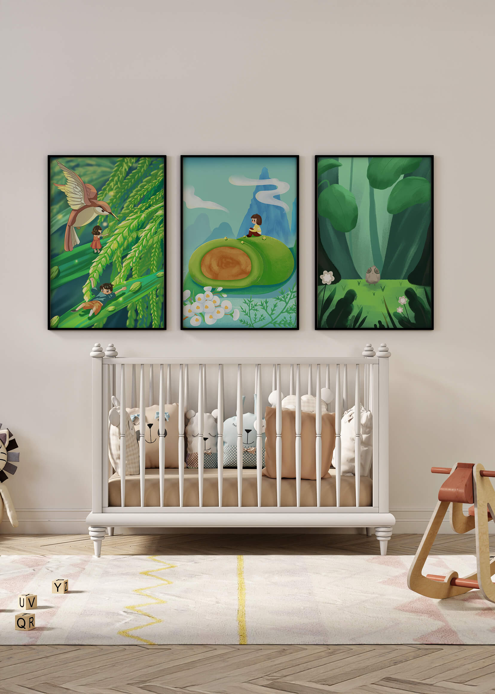 Pared Con Tres Impresiones Artísticas De Paisajes Naturales Oníricos