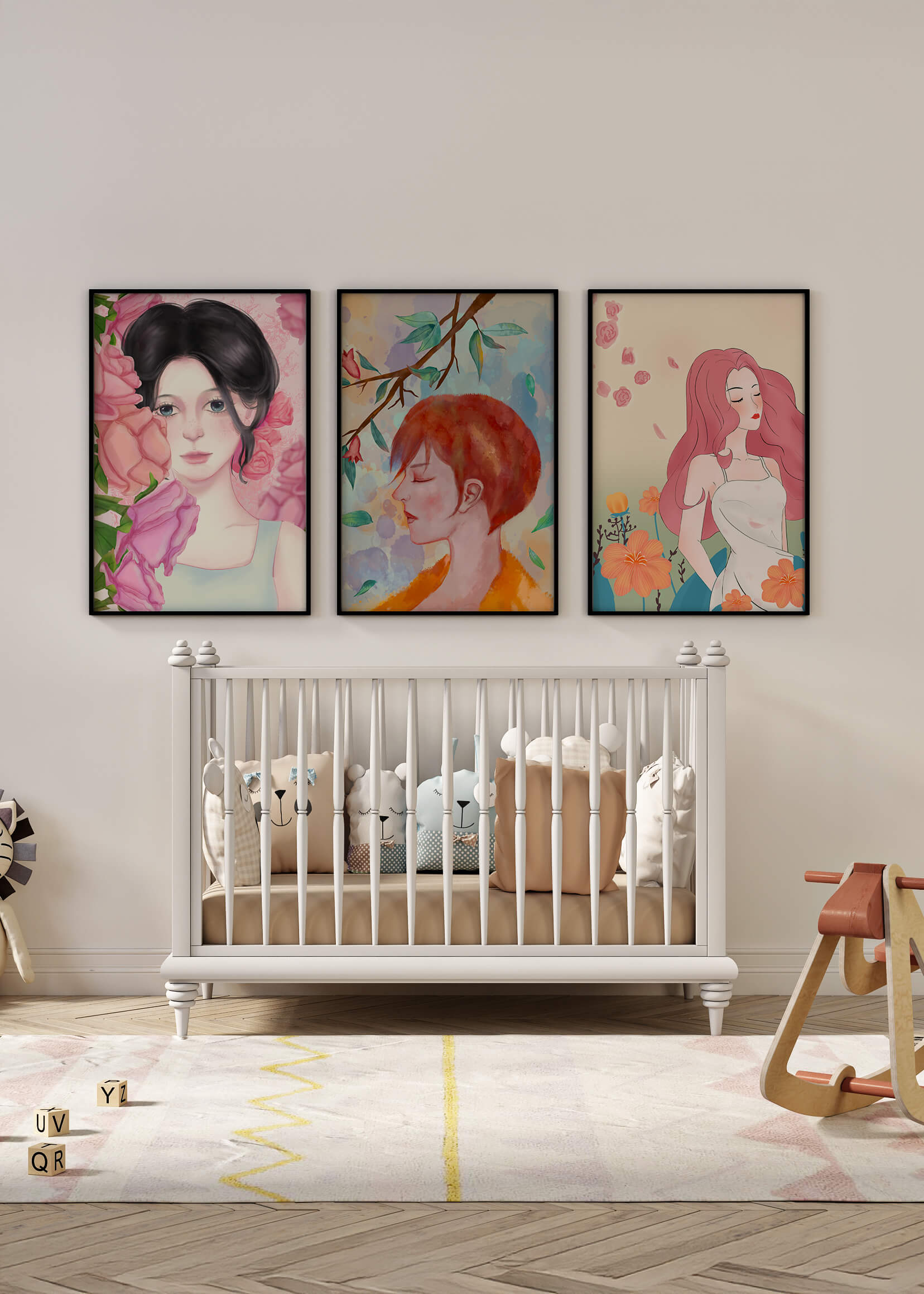 Peintures modernes de femmes avec des fleurs en décoration intérieure