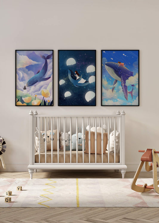 Impressions artistiques de baleines dans un style fantastique