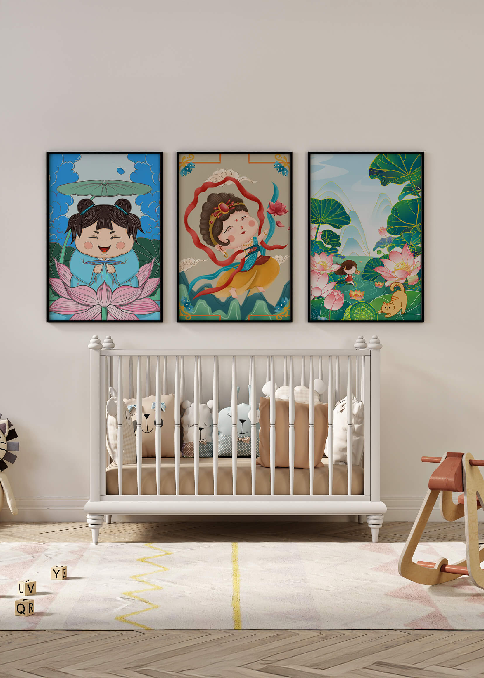 Ensemble d’illustrations de personnages adorables et de motifs floraux dans des tons vibrants