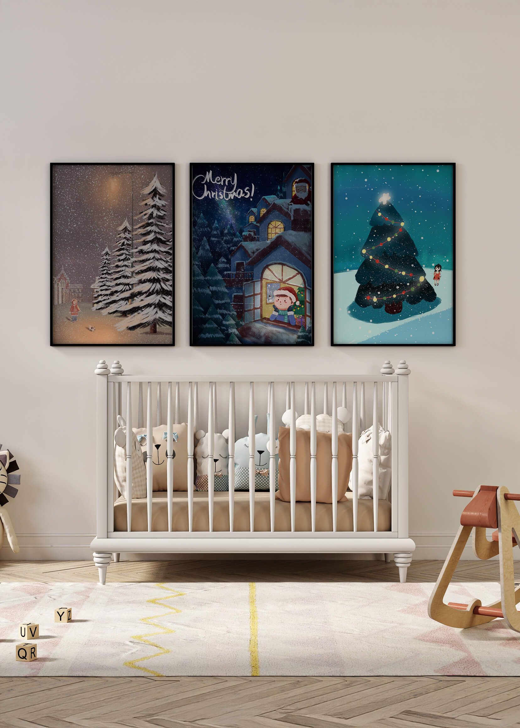 Decoración Navideña con Ilustraciones de Invierno y Ámbitos Festivos