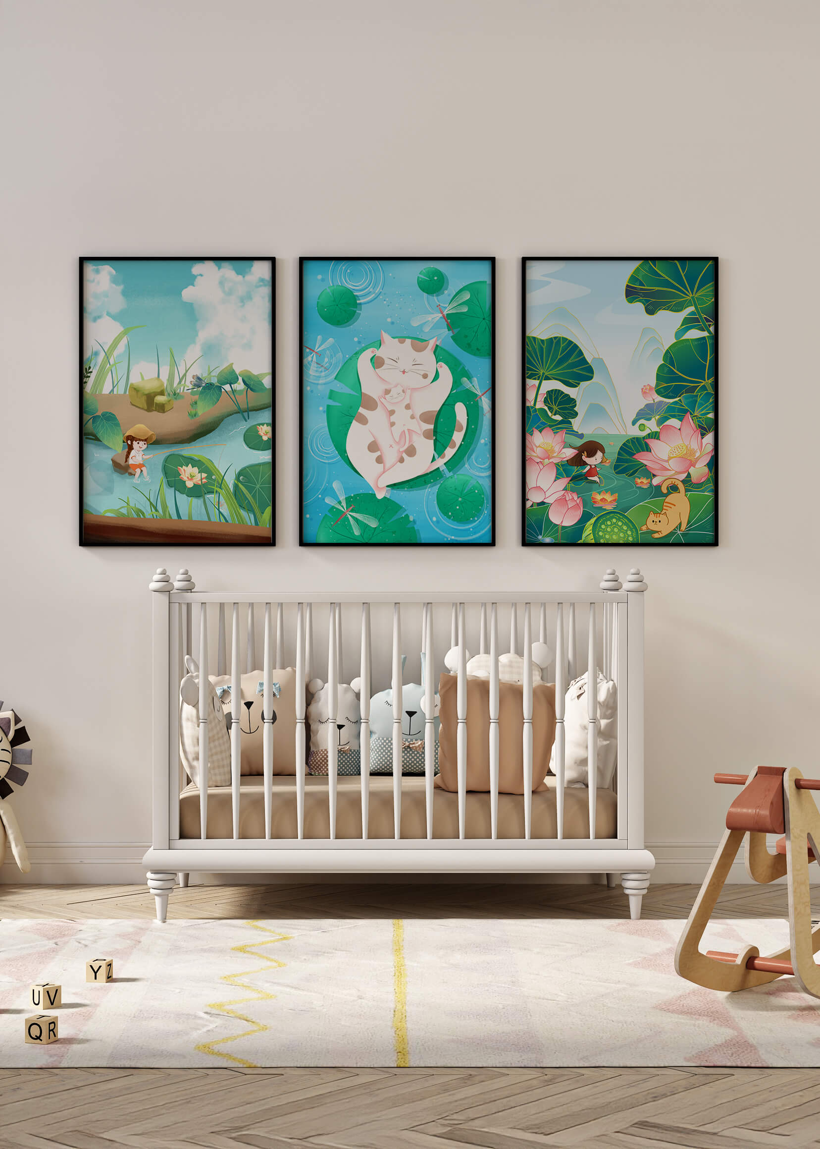 Ensemble d'illustrations artistiques pour enfants avec des chats et la nature