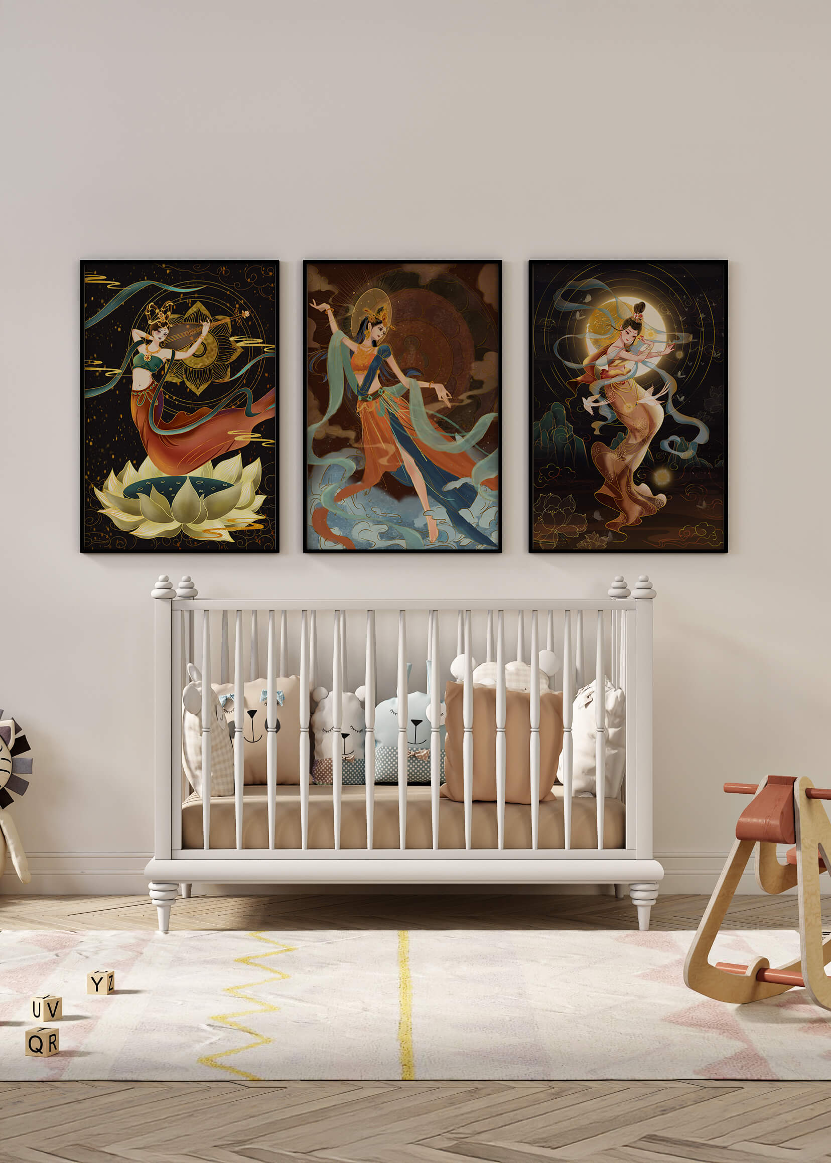 Art de divinités mythologiques dans un style oriental avec des détails dorés