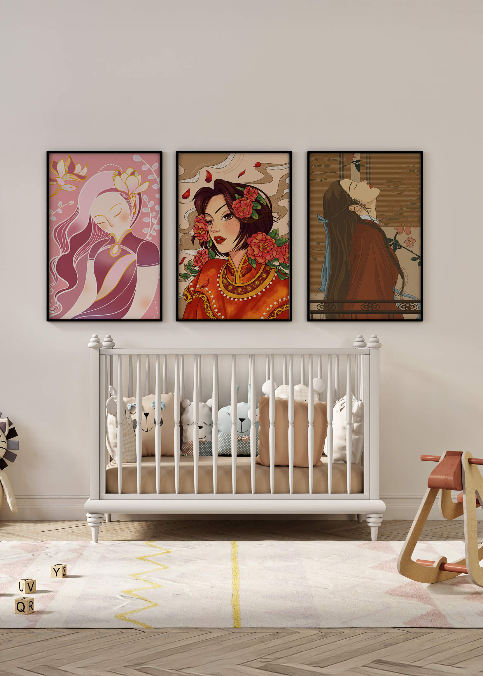 Conjunto de Ilustraciones de Estilo Asiático Presentadas Sin Marco en Fondo Claro