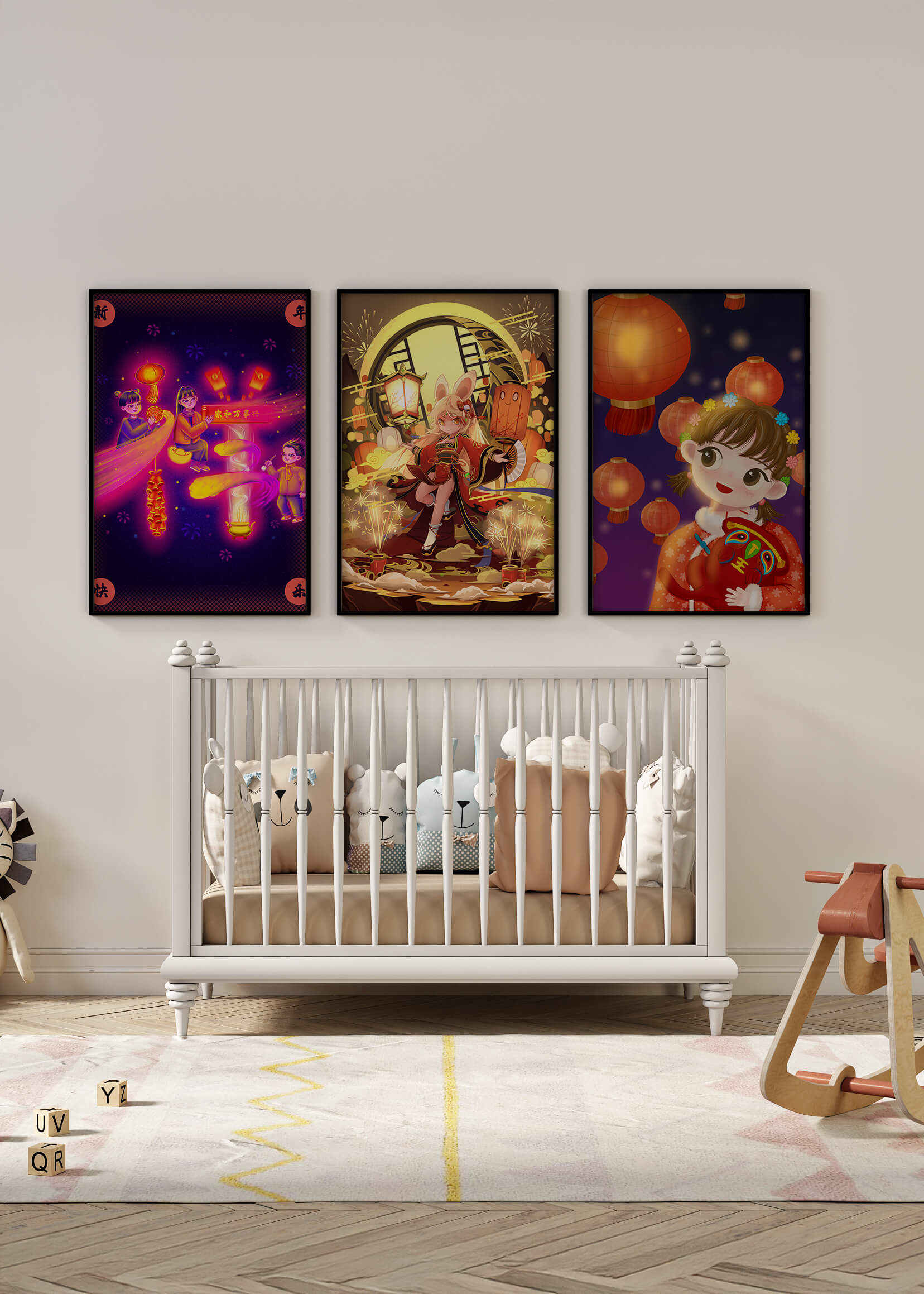 Impressions artistiques d’illustrations asiatiques avec des lanternes sur fond de bois clair