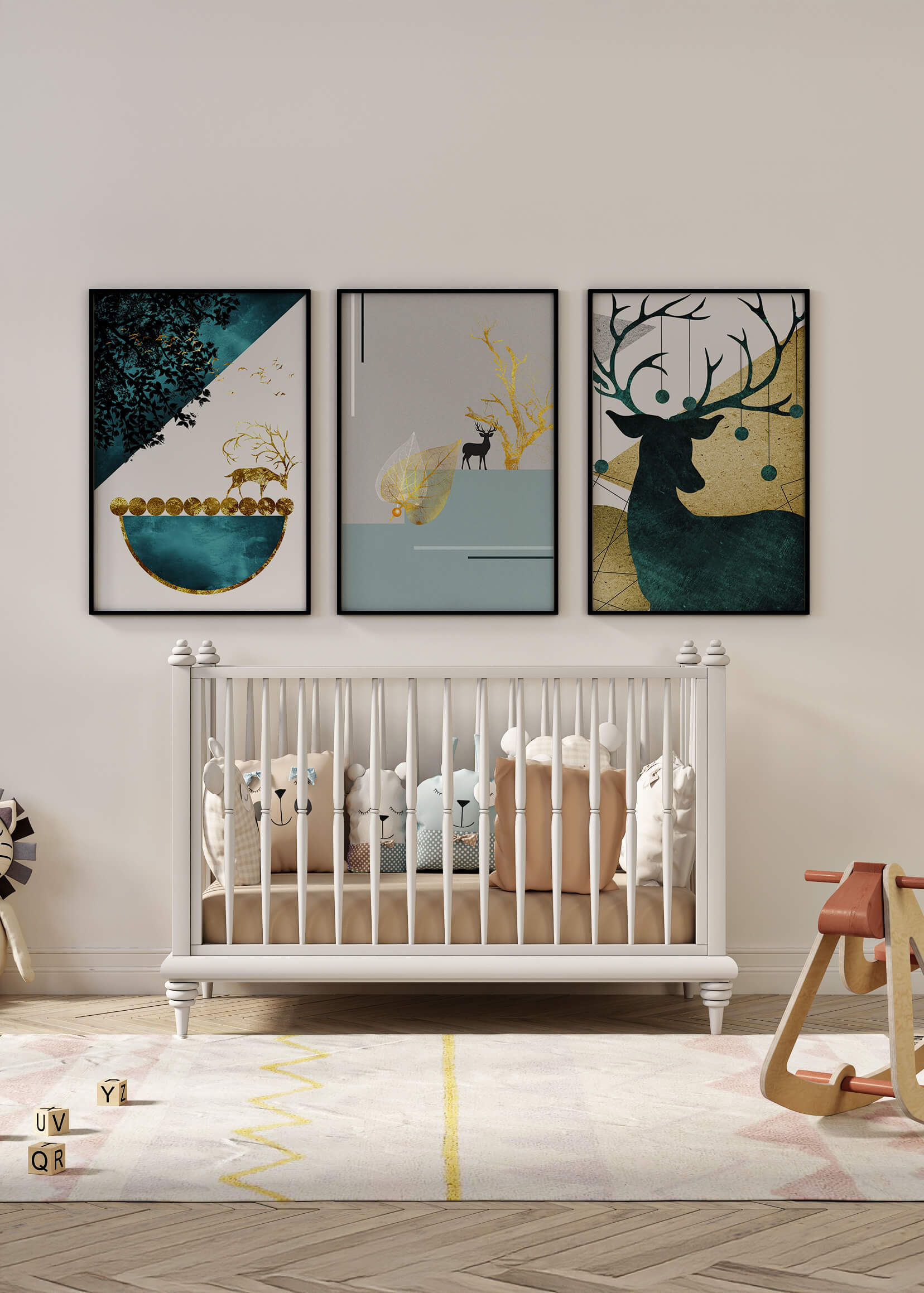 Conjunto De Tres Cuadros Modernos Con Motivo De Ciervos Y Acabado Dorado