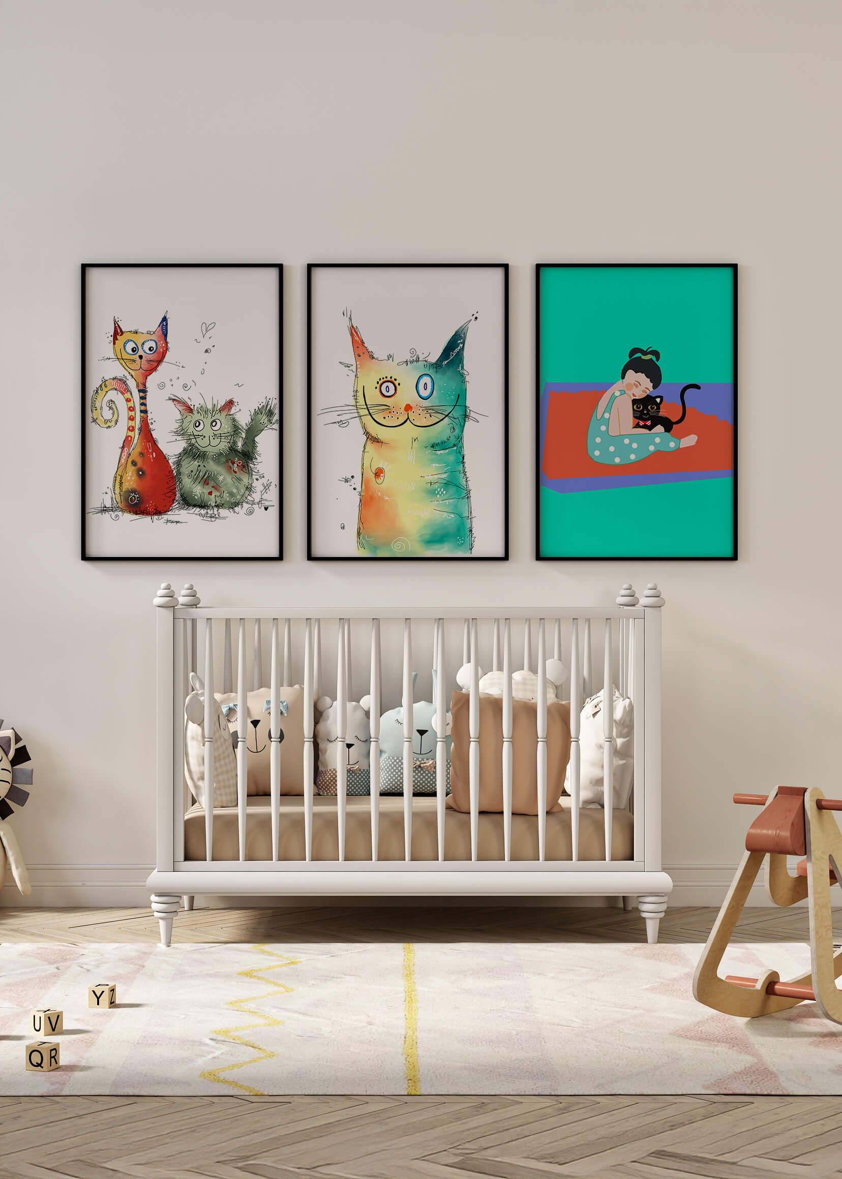 Conjunto de ilustraciones coloridas de gatos con marco de madera clara